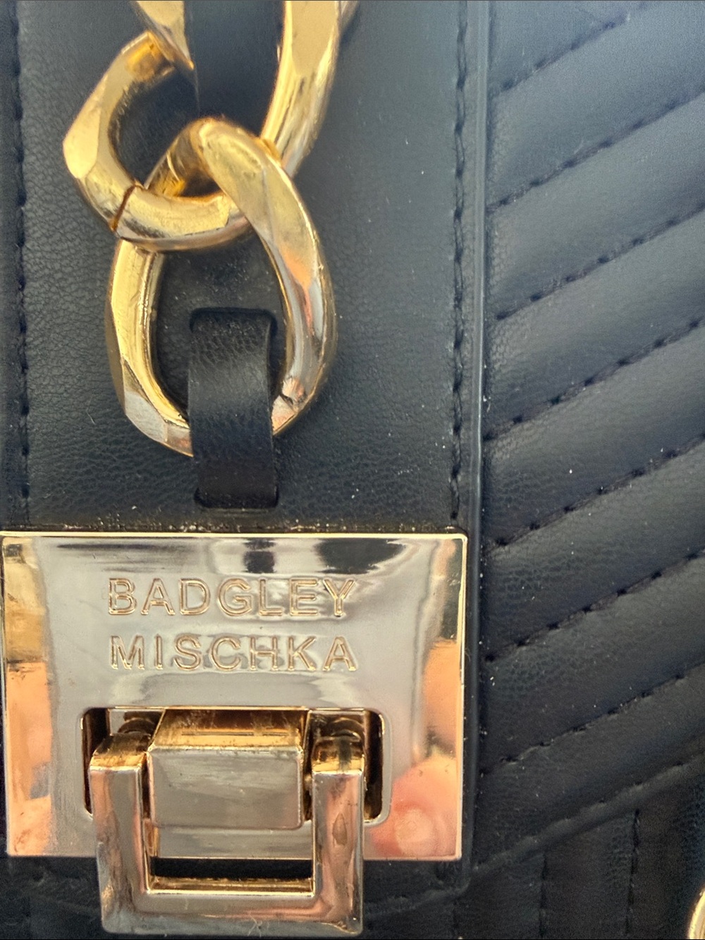 Badgley Mischka Black Quilted Shoulder Bag with Gold Chain Trim - Picture 2 of 5